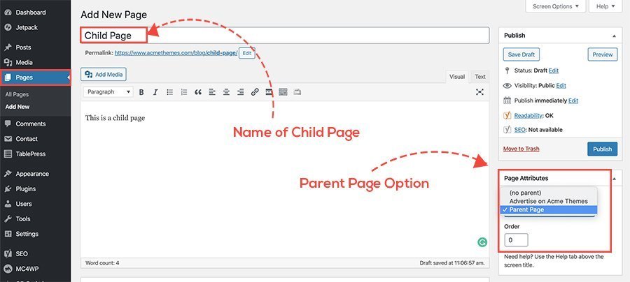 how to create child page in wordpress